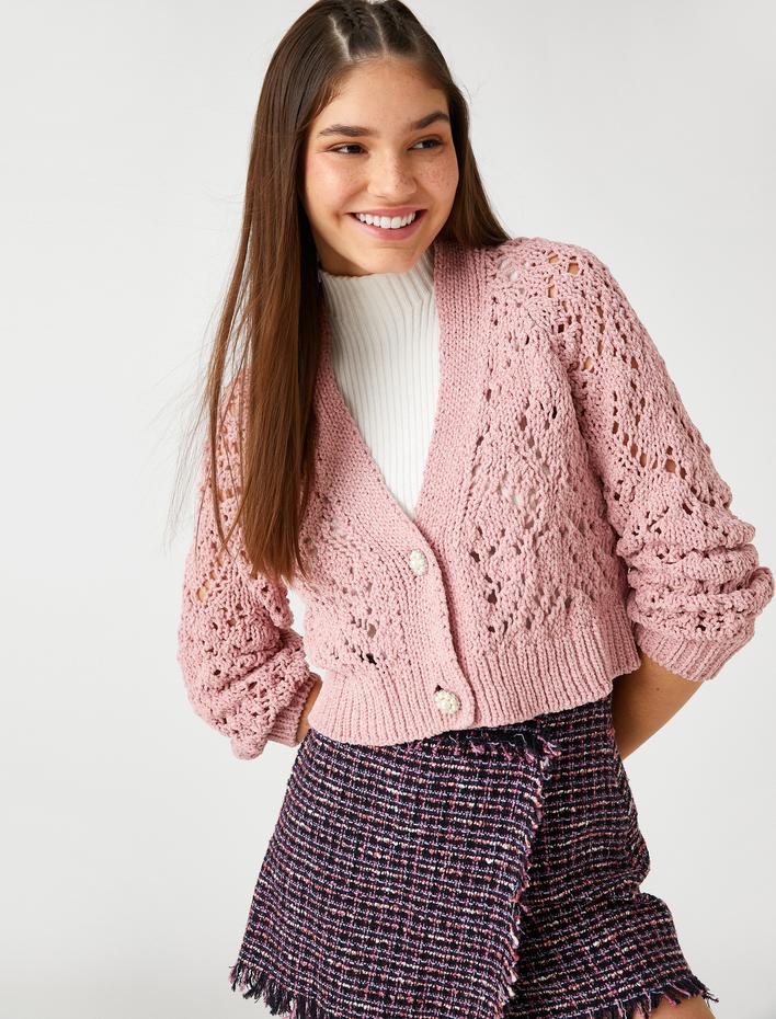  Crop Hırka Ajurlu İnci Düğme Detaylı Uzun Kollu