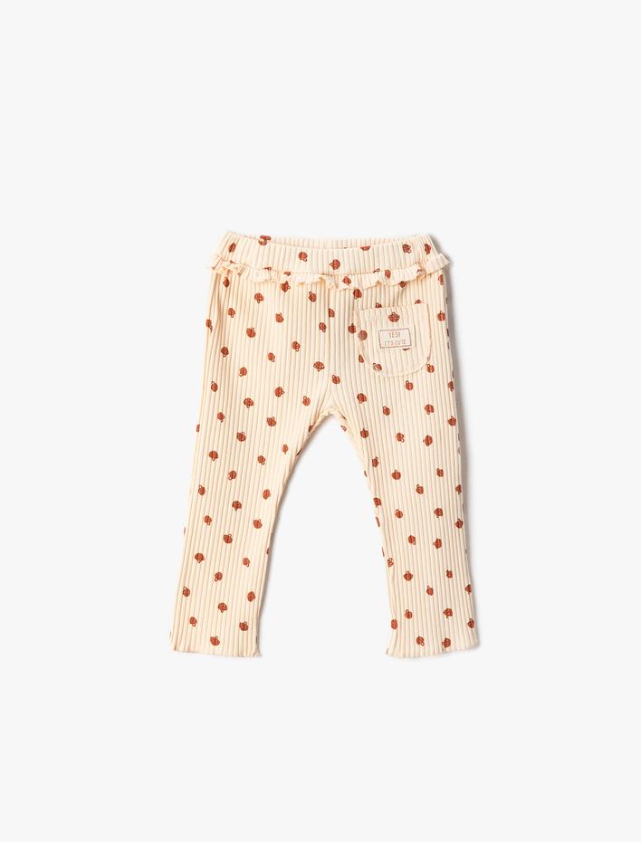 Kız Bebek Ribanalı Fırfır Detaylı Tayt Mantar Baskılı Beli Lastikli