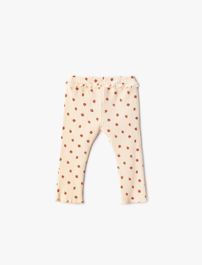 Kız Bebek Ribanalı Fırfır Detaylı Tayt Mantar Baskılı Beli Lastikli