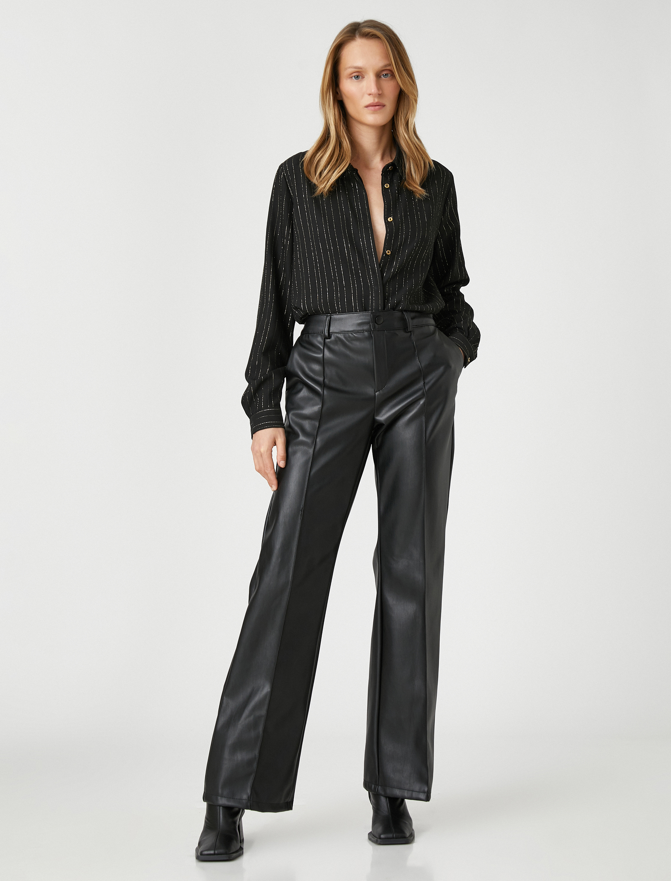   Simli Gizli Düğmeli Uzun Kollu Gömlek