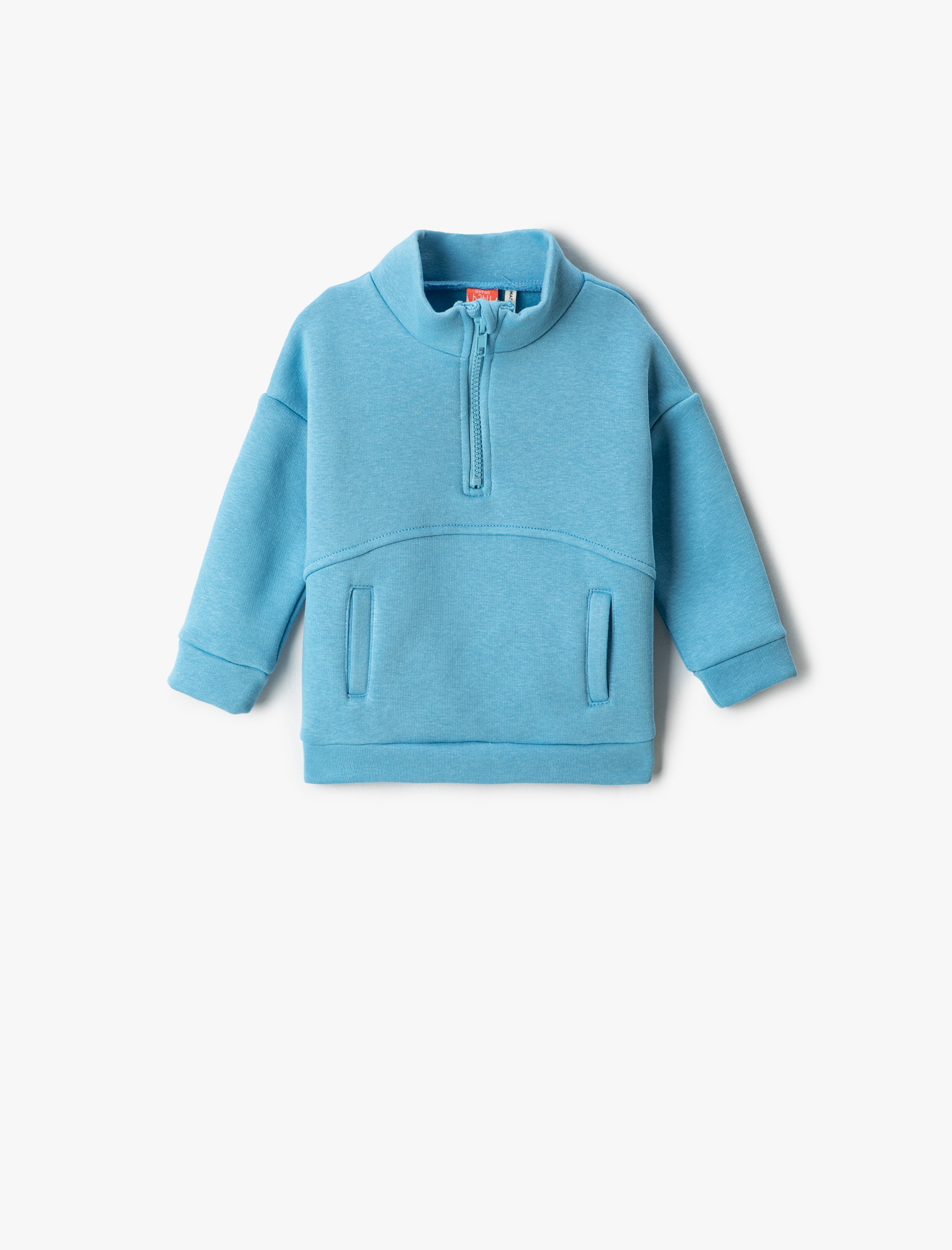 Basic Dik Yaka Yarım Fermuarlı  Sweatshirt Cepli