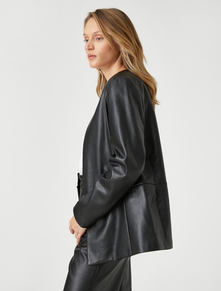  Suni Deri Blazer Ceket Cep Detaylı