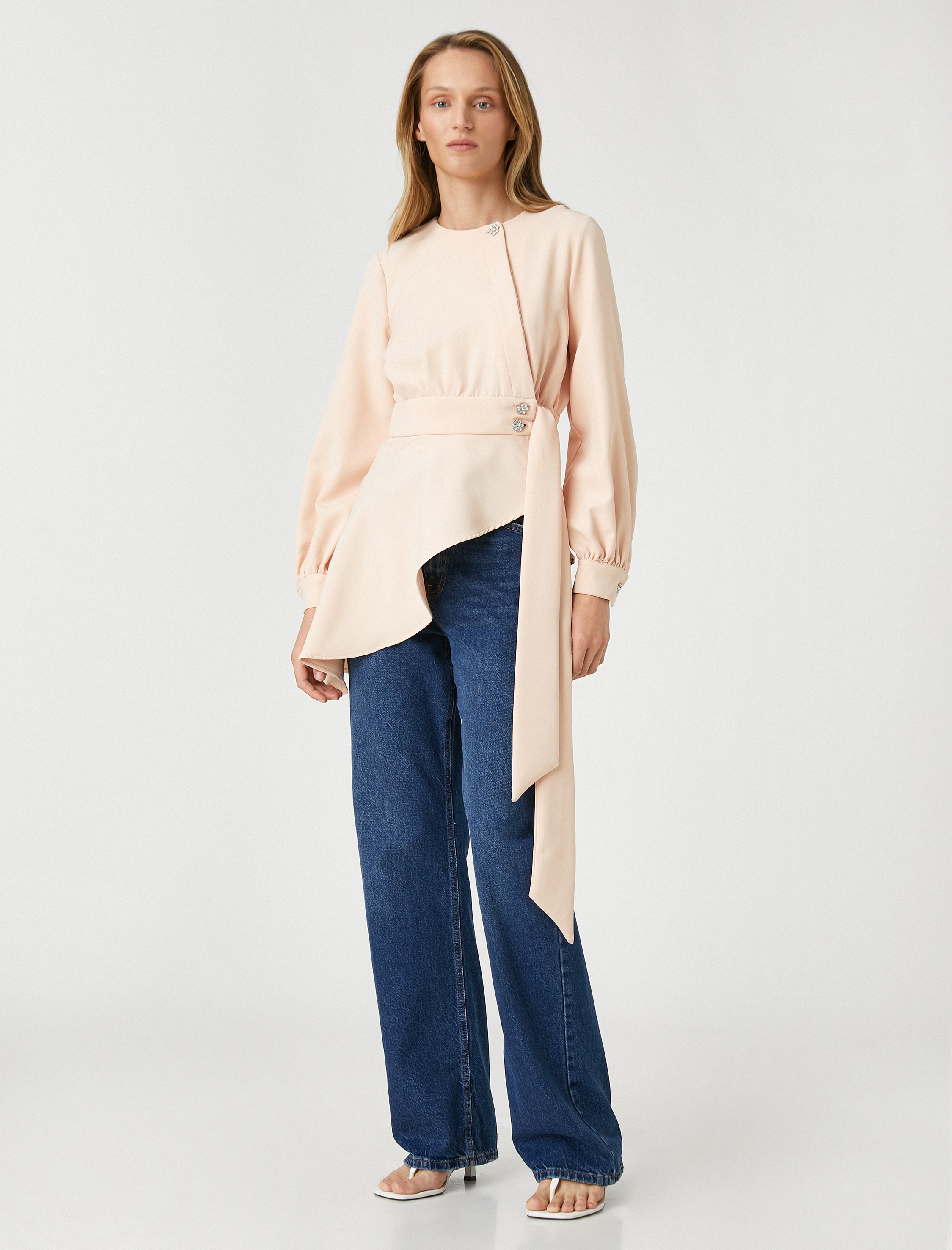   Asimetrik Abiye Tunik Taş Detaylı Volanlı Kuşaklı