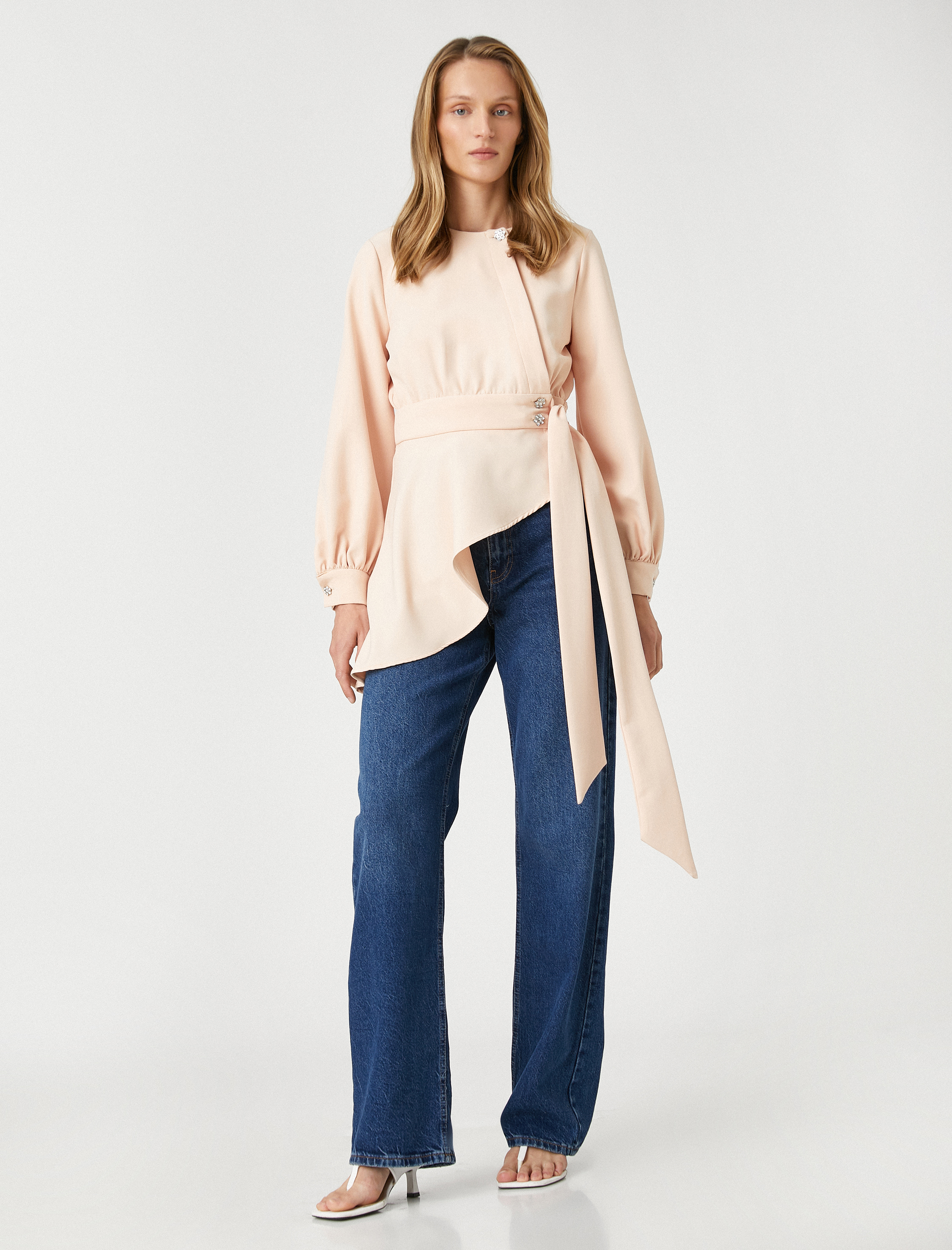   Asimetrik Abiye Tunik Taş Detaylı Volanlı Kuşaklı