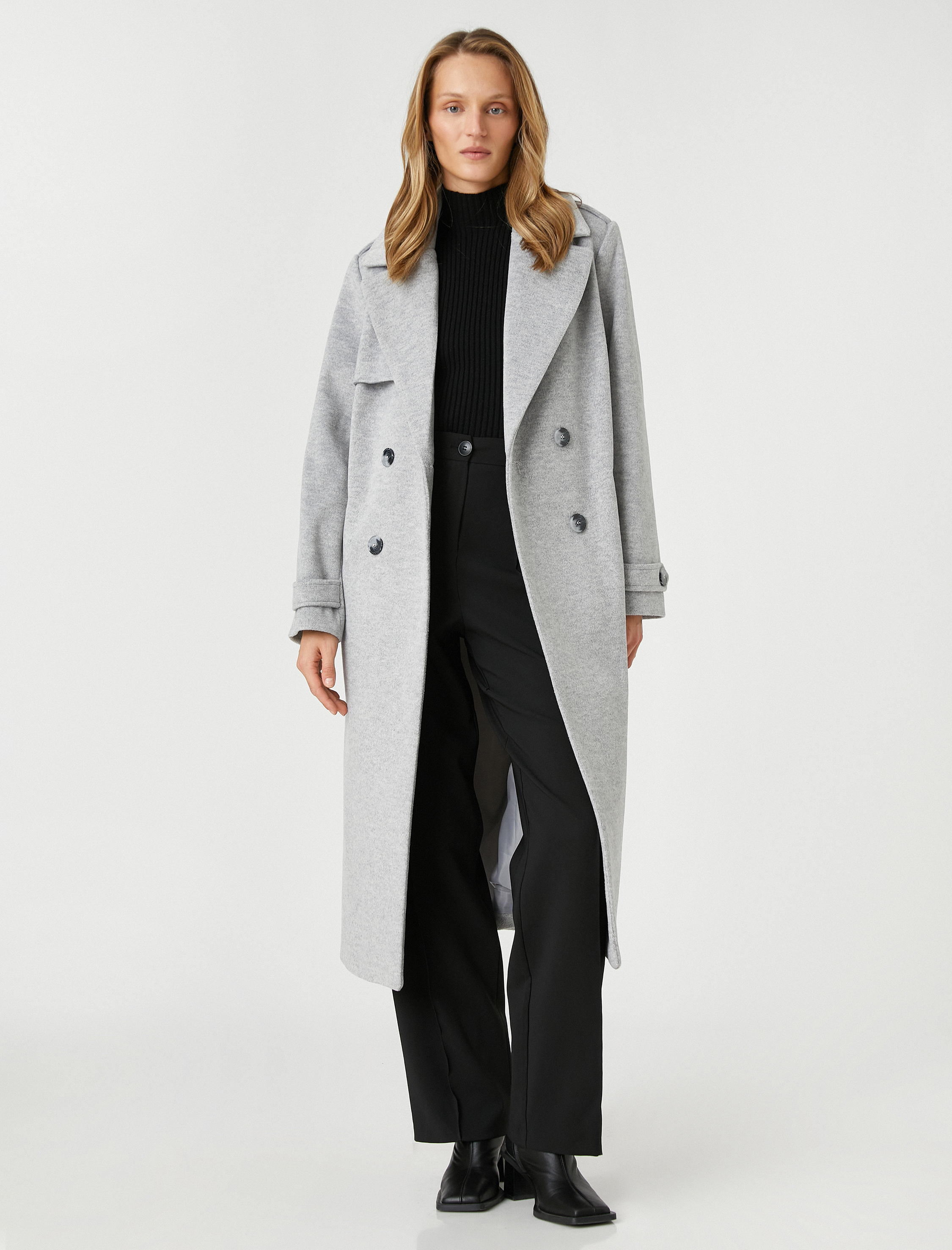 Oversize Kruvaze Kaşe Kaban Düğmeli Kuşaklı Cepli