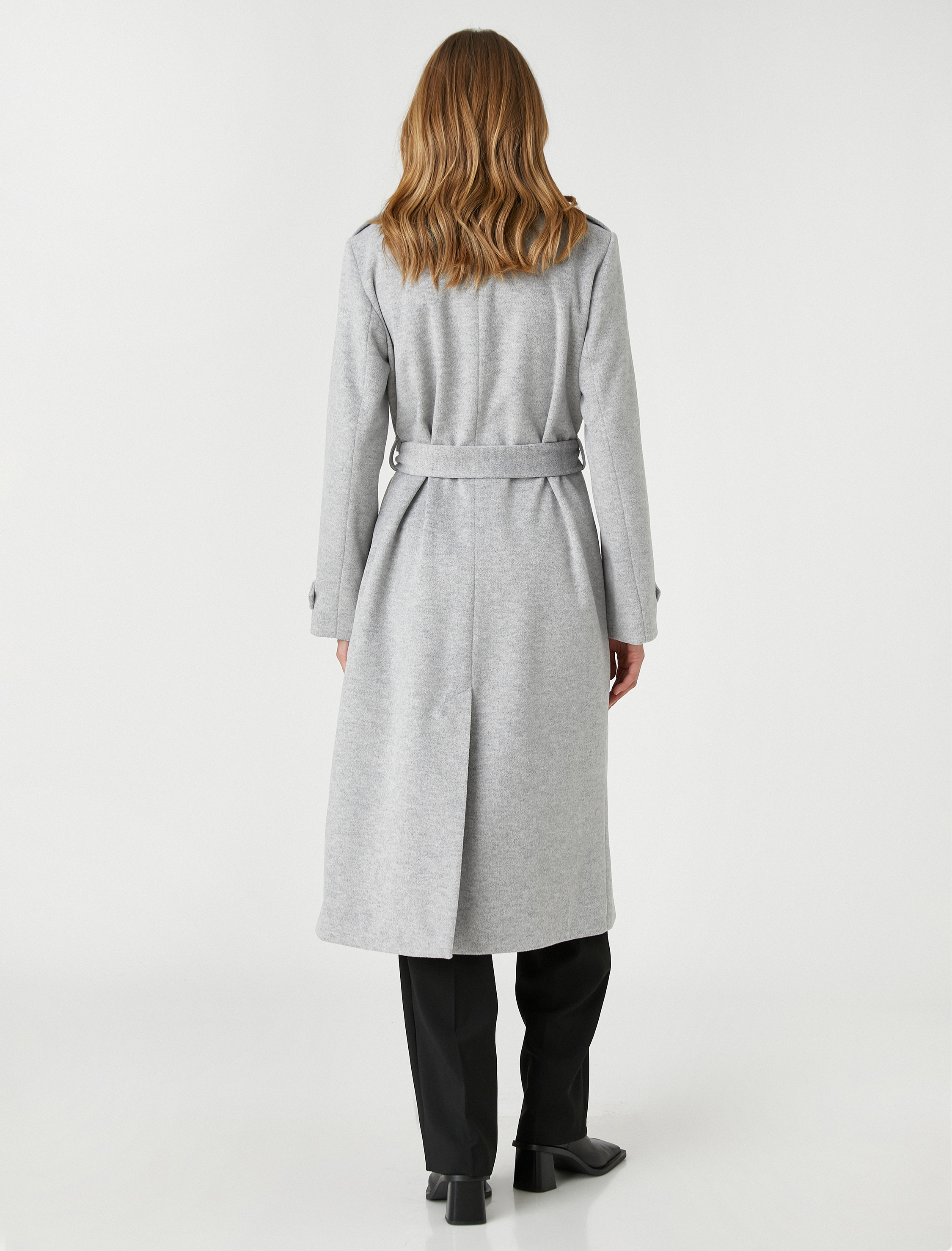 Oversize Kruvaze Kaşe Kaban Düğmeli Kuşaklı Cepli