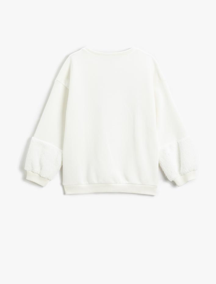 Kız Çocuk Peluş Detaylı Sweatshirt Pul Payet İşlemeli Bisiklet Yaka Şardonlu