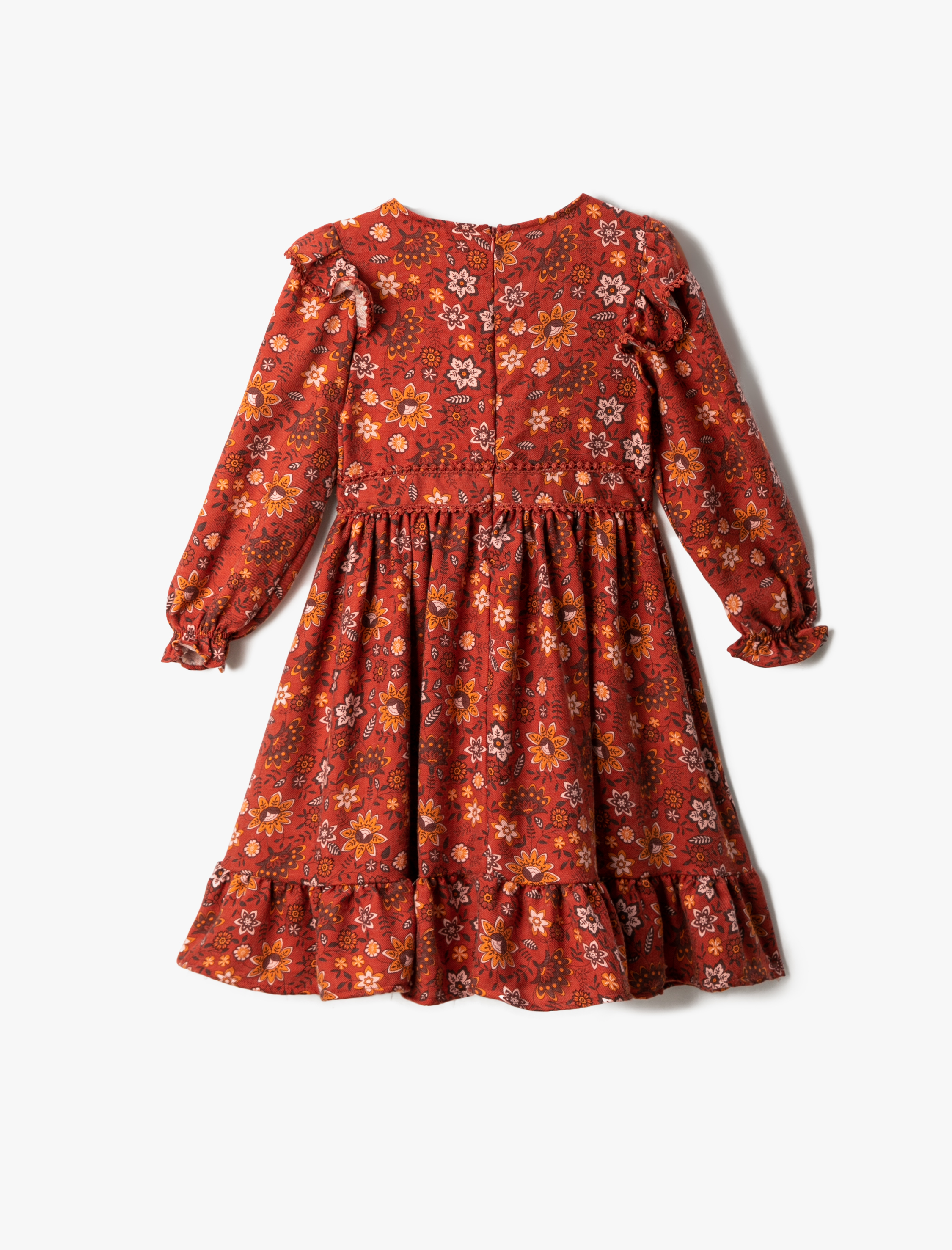  Kız Çocuk Çiçekli Midi Elbise Uzun Kollu Fırfırlı Yuvarlak Yaka