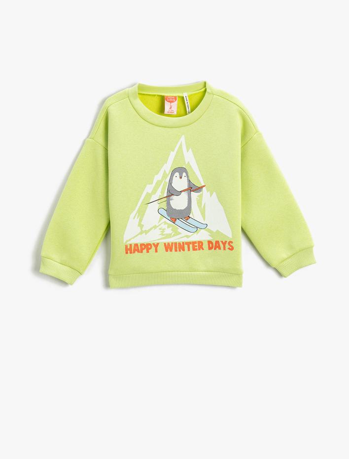 Erkek Bebek Kayak Temalı Penguen Baskılı Sweatshirt Uzun Kollu Bisiklet Yaka