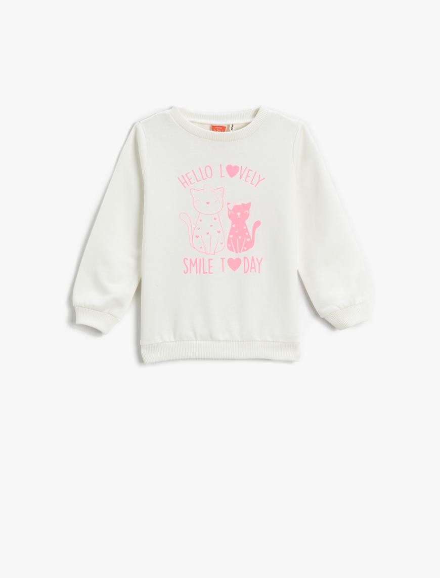  Kız Bebek Kedi Baskılı Sweatshirt Uzun Kollu Bisiklet Yaka Şardonlu