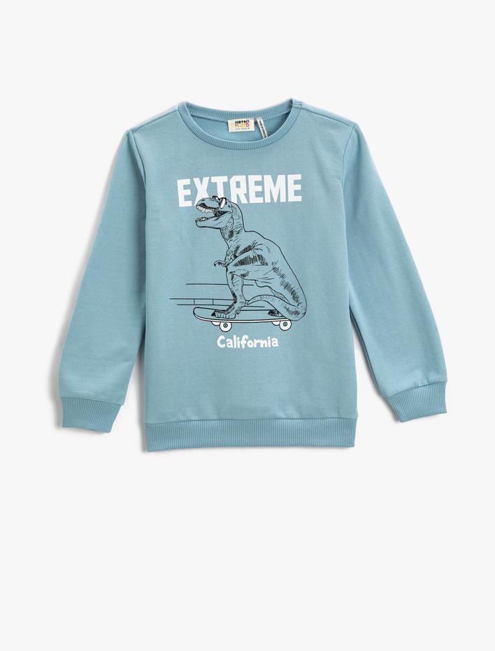 Erkek Çocuk Dinozor Baskılı Sweatshirt Uzun Kollu Bisiklet Yaka