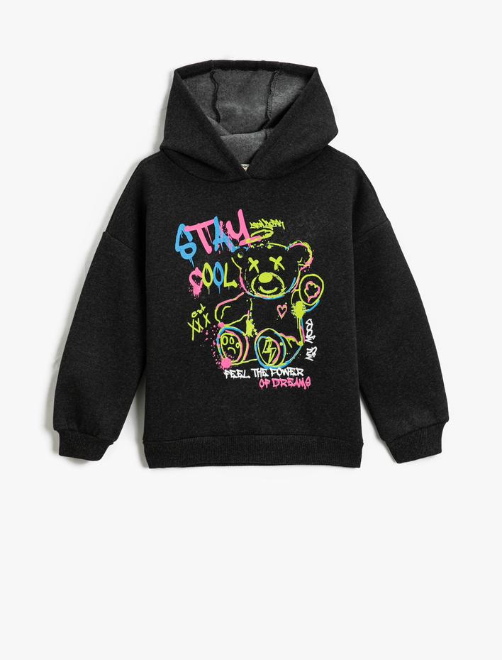Kız Çocuk Kapşonlu Sweatshirt Grafiti Temalı Ayıcık Baskılı Uzun Kollu Şardonlu