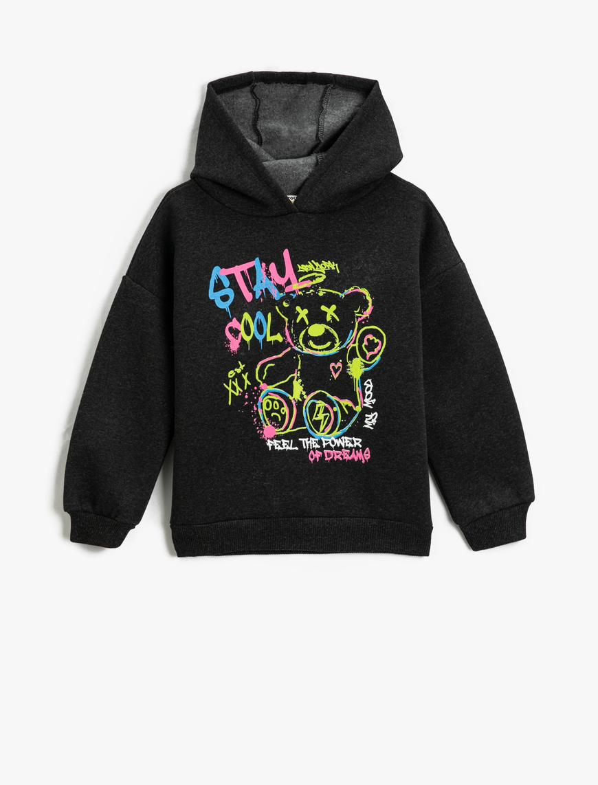  Kız Çocuk Kapşonlu Sweatshirt Grafiti Temalı Ayıcık Baskılı Uzun Kollu Şardonlu