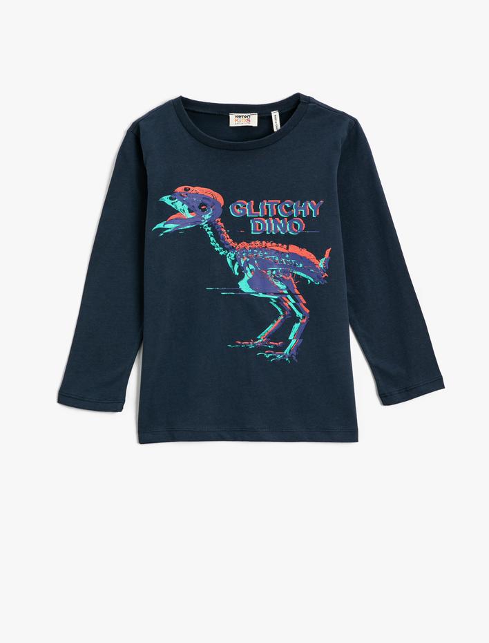 Erkek Çocuk Dinozor Baskılı Uzun Kollu Tişört Bisiklet Yaka