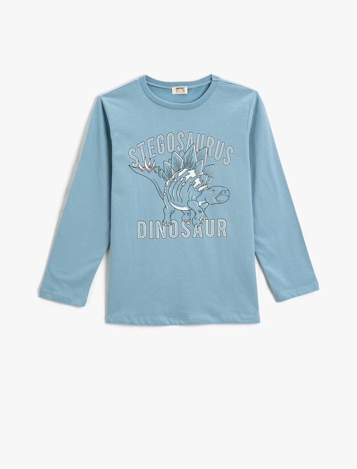 Erkek Çocuk Dinozor Baskılı Uzun Kollu Tişört Bisiklet Yaka