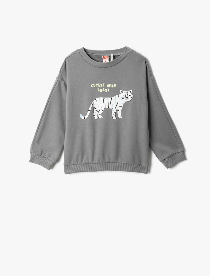 Erkek Bebek Kedi Baskılı Sweatshirt Aplike Detaylı Uzun Kollu Bisiklet Yaka