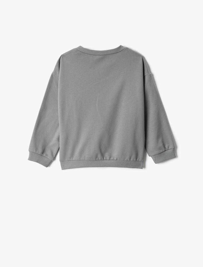 Erkek Bebek Kedi Baskılı Sweatshirt Aplike Detaylı Uzun Kollu Bisiklet Yaka