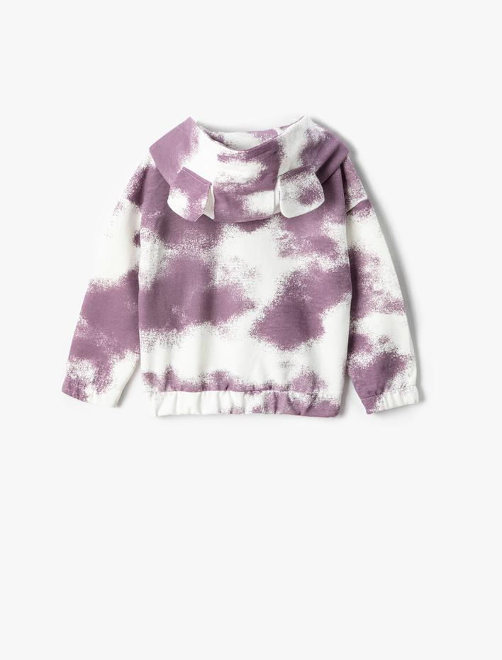 Erkek Bebek Dinozor Baskılı Kapşonlu Sweat Batik Desenli Kanguru Cepli Kulak Aplike Detaylı