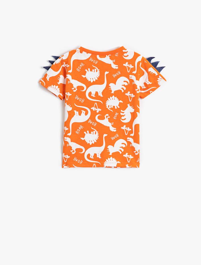 Erkek Bebek Dinozor Baskılı Kısa Kollu Tişört Aplike Detaylı Bisiklet Yaka Pamuklu