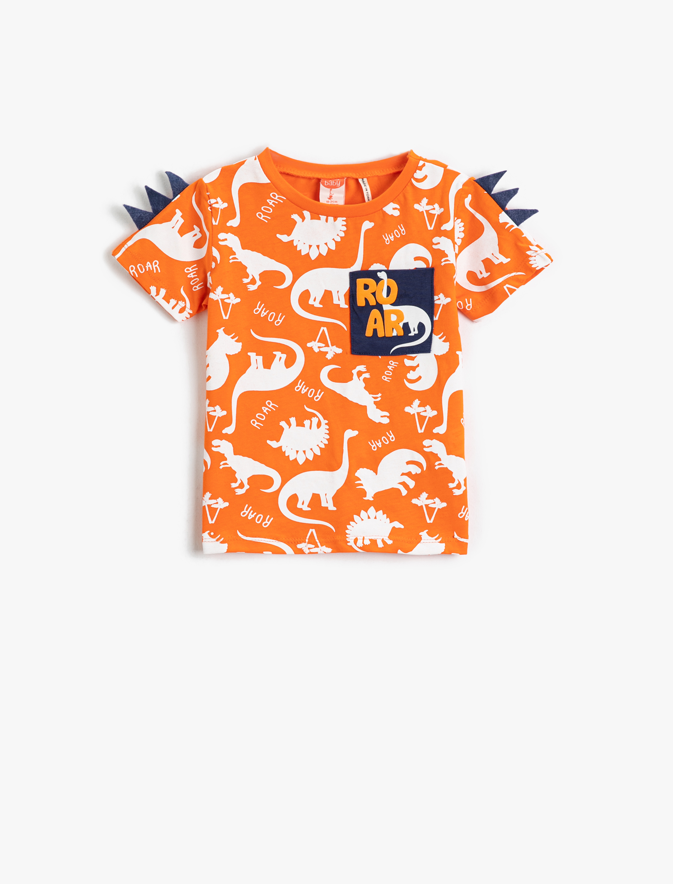  Erkek Bebek Dinozor Baskılı Kısa Kollu Tişört Aplike Detaylı Bisiklet Yaka Pamuklu