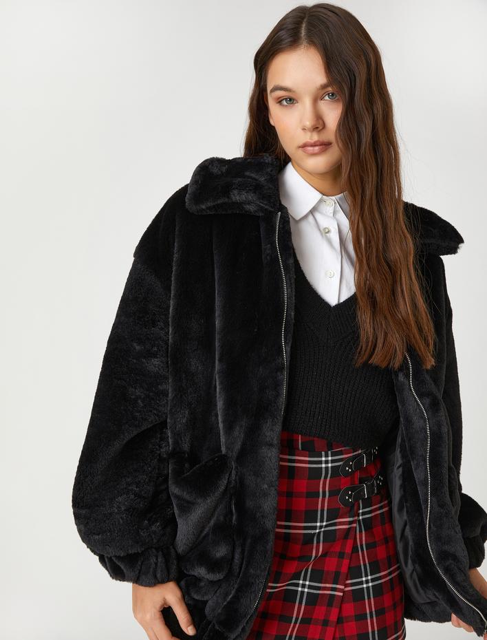  Peluş Mont Dik Yaka Cep Detaylı Uzun Kollu