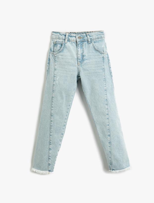  Kız Çocuk Kot Pantolon Dikiş Detaylı Pamuklu Cepli - Straight Jean Beli Ayarlanabilir Lastikli
