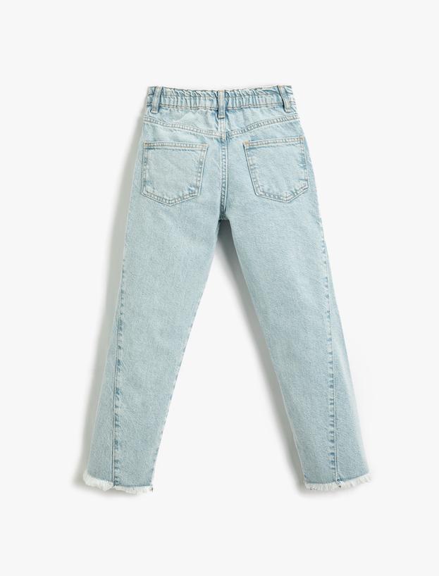  Kız Çocuk Kot Pantolon Dikiş Detaylı Pamuklu Cepli - Straight Jean Beli Ayarlanabilir Lastikli