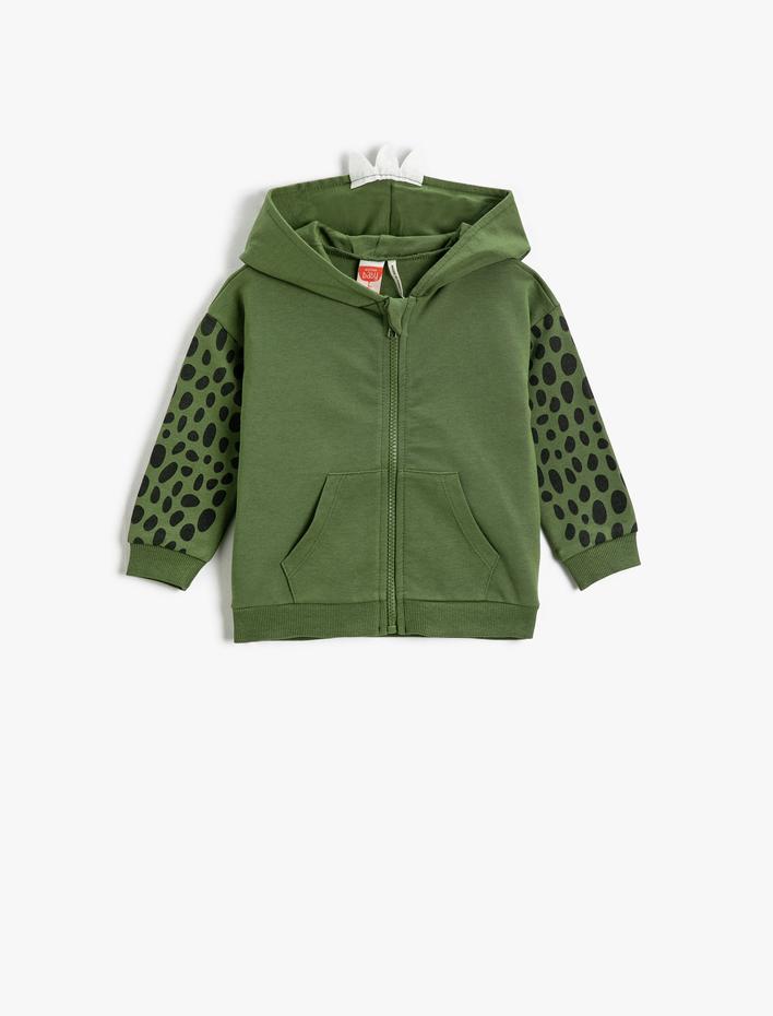 Erkek Bebek Dinozor Temalı Aplike Detaylı Fermuarlı Sweatshirt Baskılı Cepli
