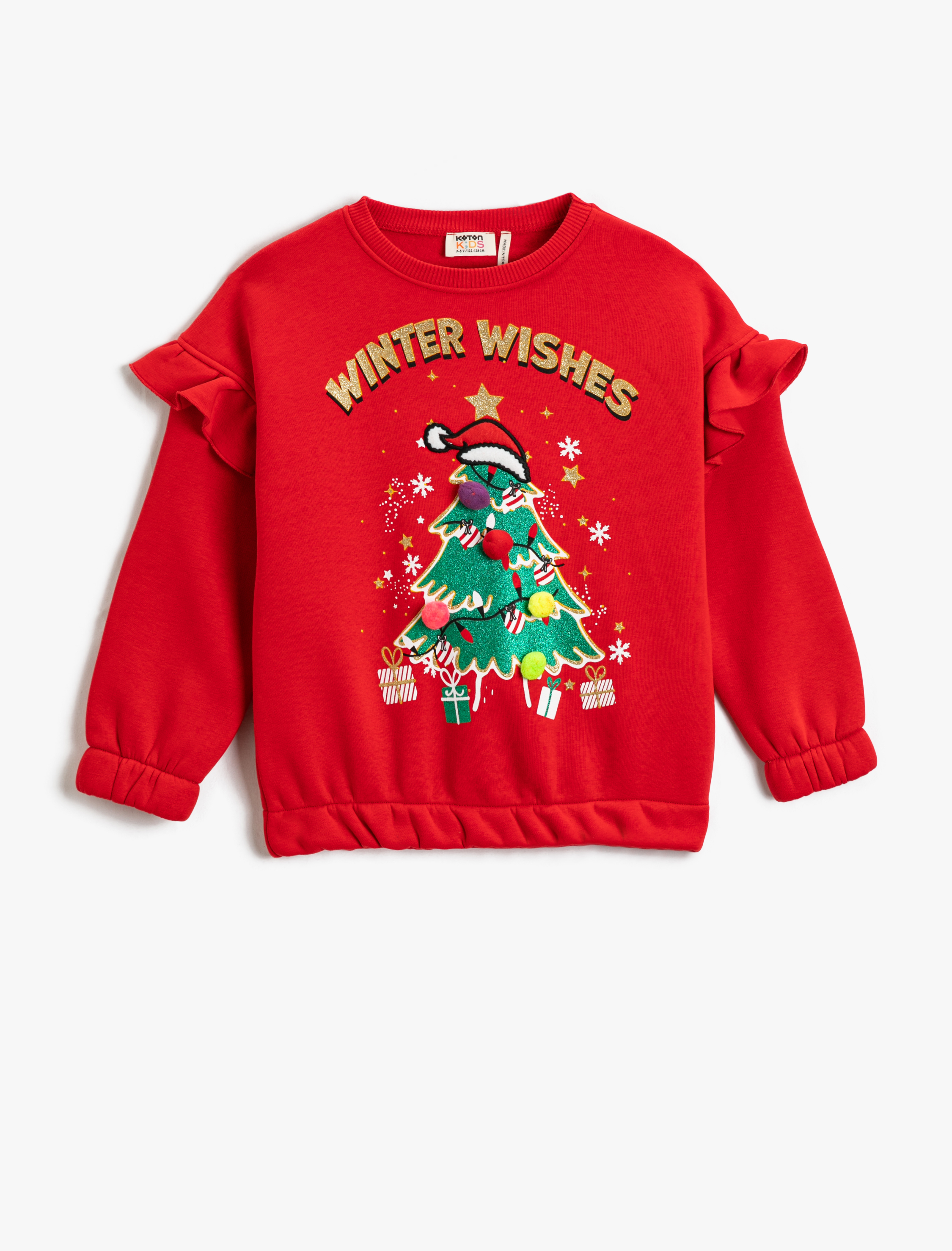  Kız Çocuk Yılbaşı Ağacı Baskılı Fırfırlı Sweat Ponpon Detaylı