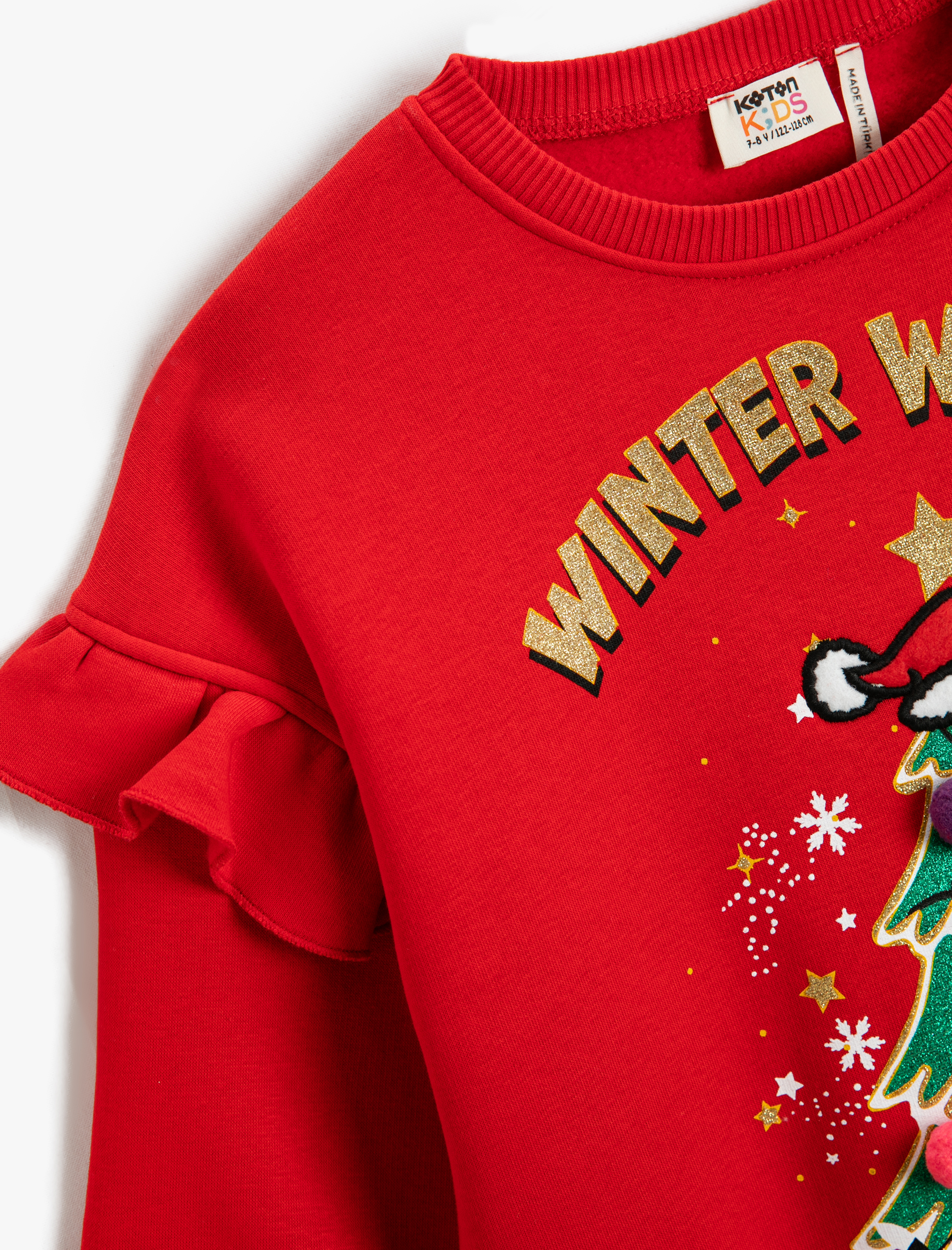  Kız Çocuk Yılbaşı Ağacı Baskılı Fırfırlı Sweat Ponpon Detaylı