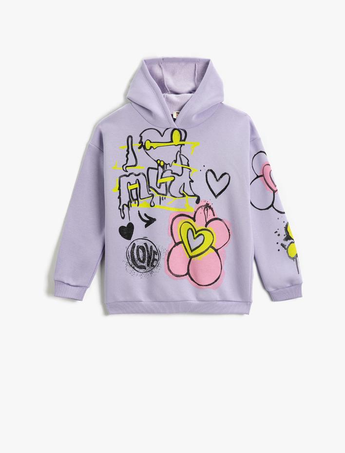 Kız Çocuk Grafiti Baskılı Kapşonlu Sweatshirt Uzun Kollu