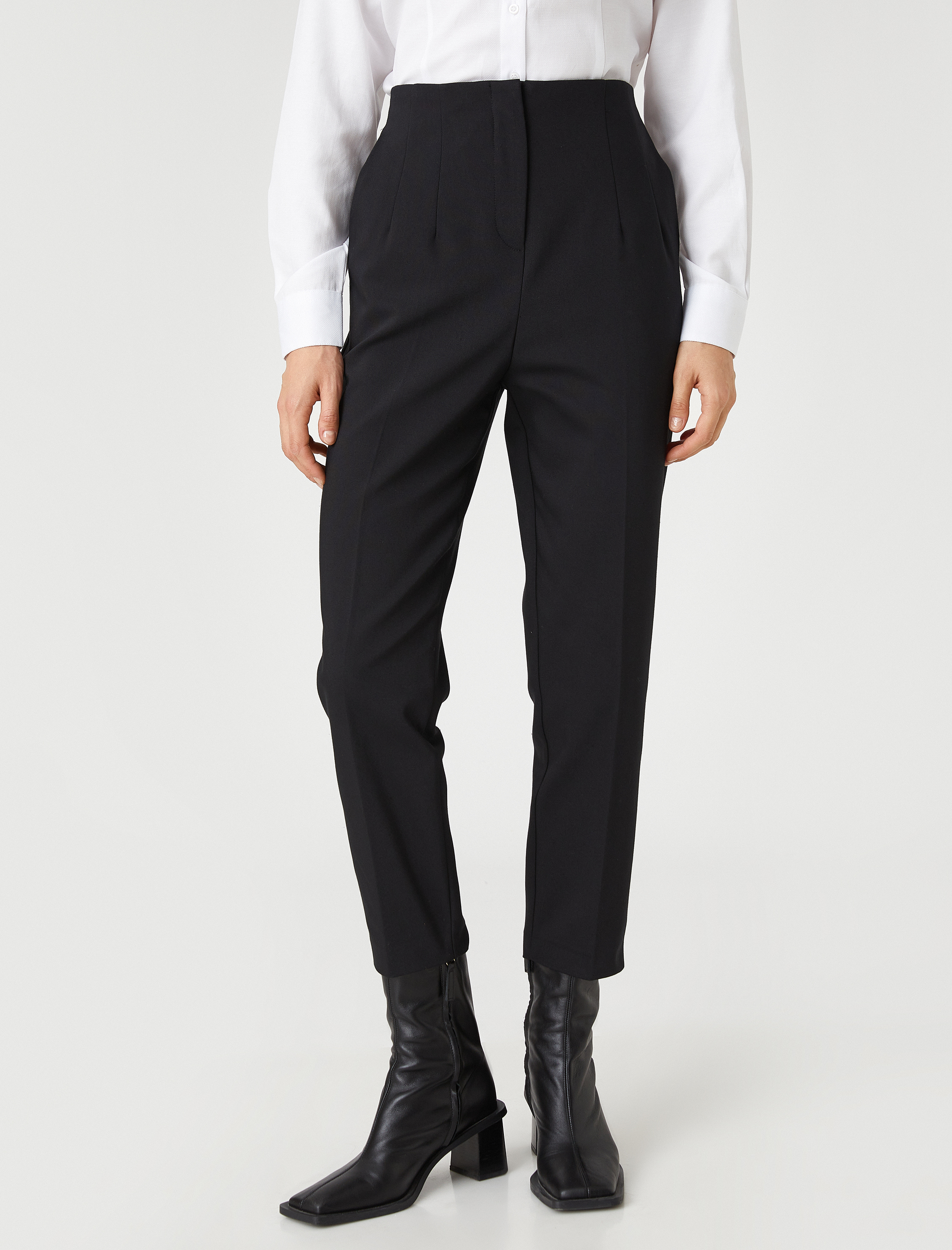   Yüksek Bel Crop Pantolon Dikiş Detaylı Cepli