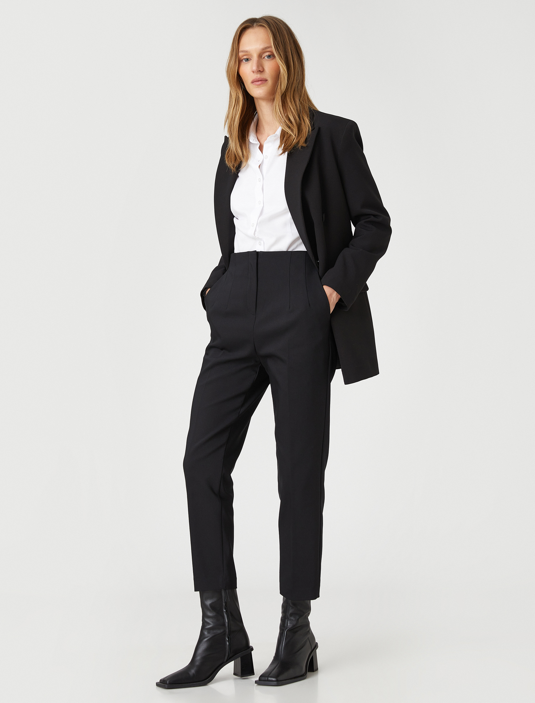   Yüksek Bel Crop Pantolon Dikiş Detaylı Cepli