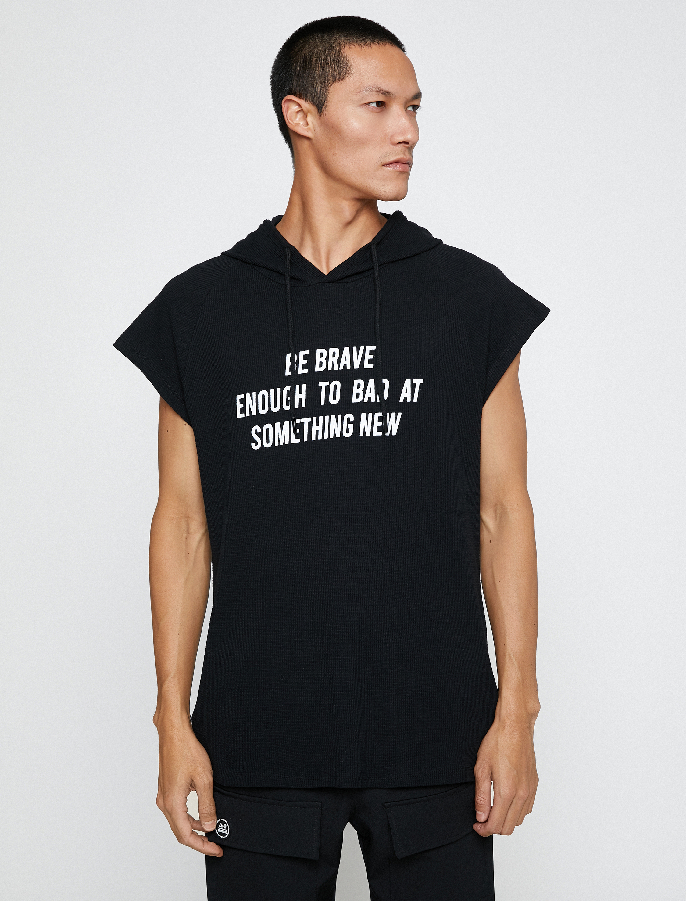   Basic Kapşonlu Spor Oversize Tişört Slogan Baskılı Kolsuz