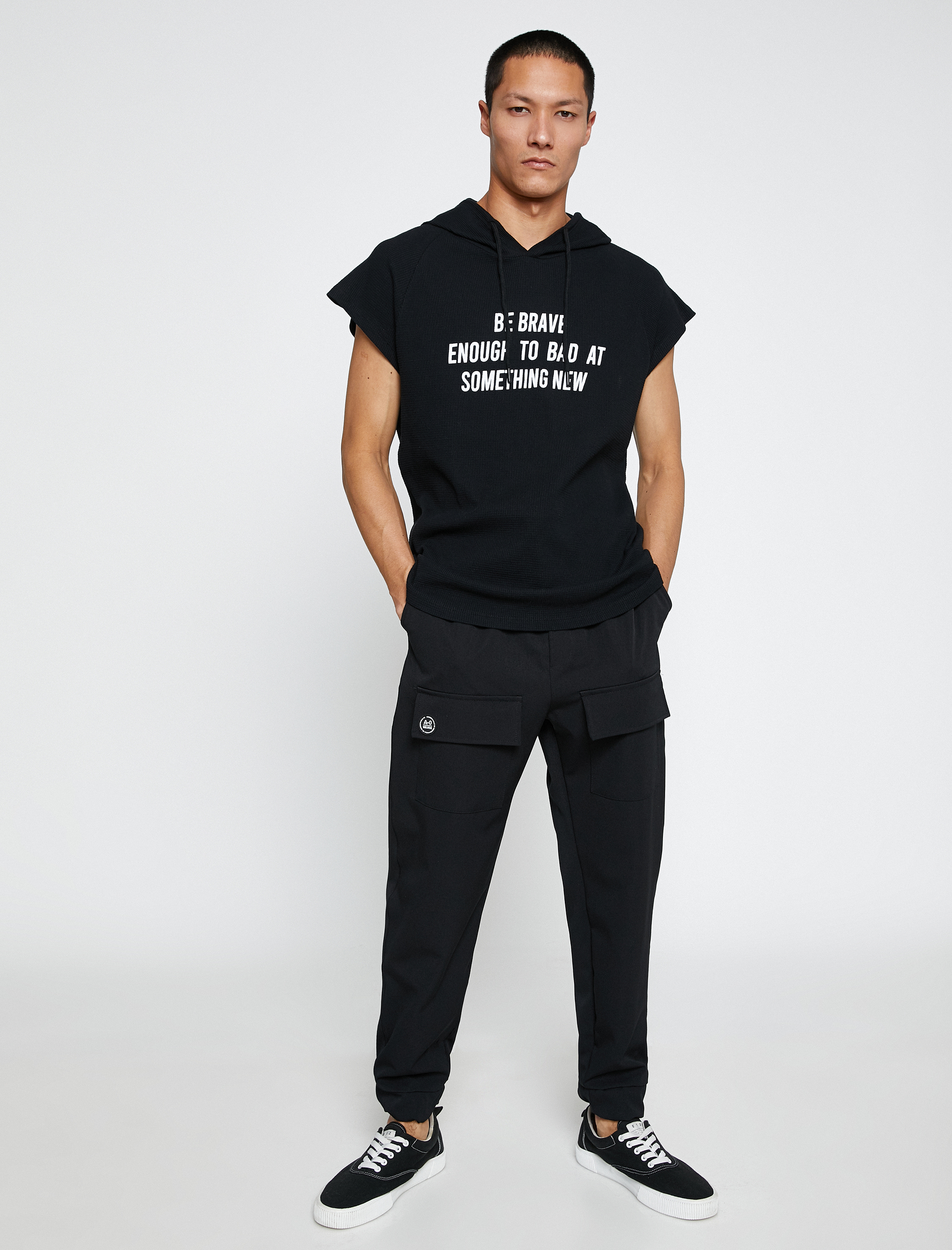   Basic Kapşonlu Spor Oversize Tişört Slogan Baskılı Kolsuz