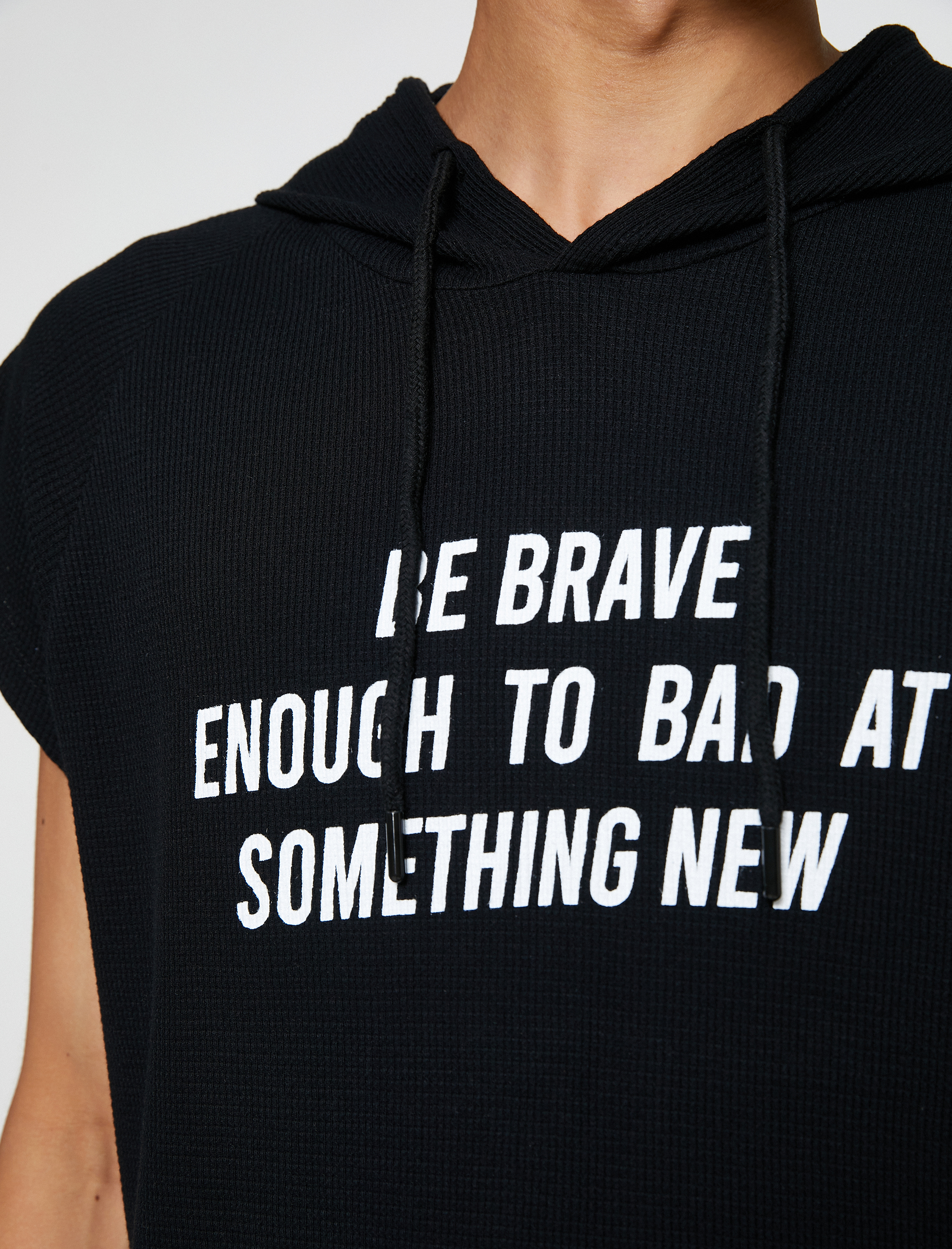   Basic Kapşonlu Spor Oversize Tişört Slogan Baskılı Kolsuz