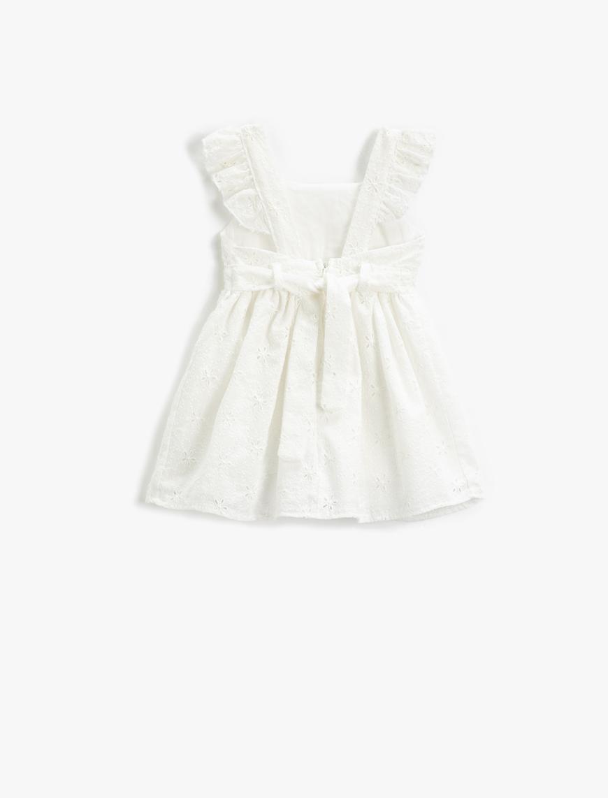  Kız Bebek Elbise Çiçekli Fisto Askılı Fırfır Detaylı Astarlı U Yaka Pamuklu