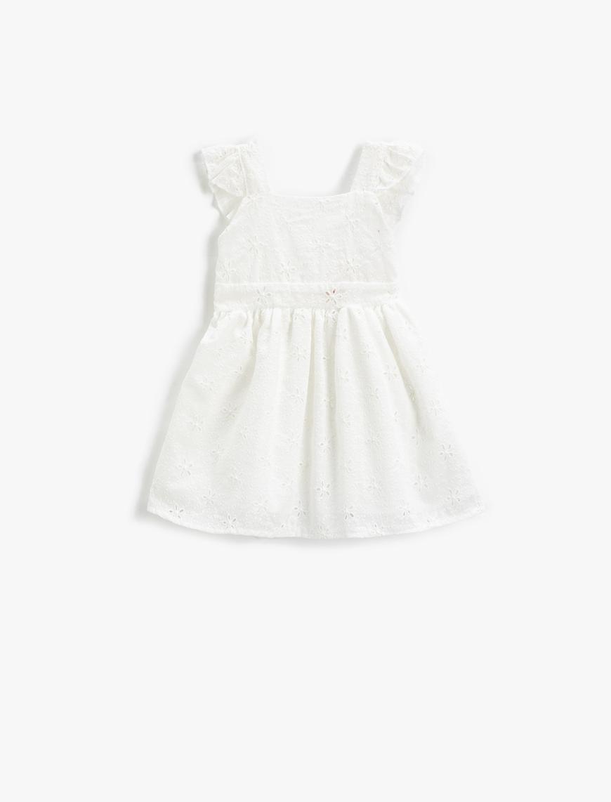  Kız Bebek Elbise Çiçekli Fisto Askılı Fırfır Detaylı Astarlı U Yaka Pamuklu