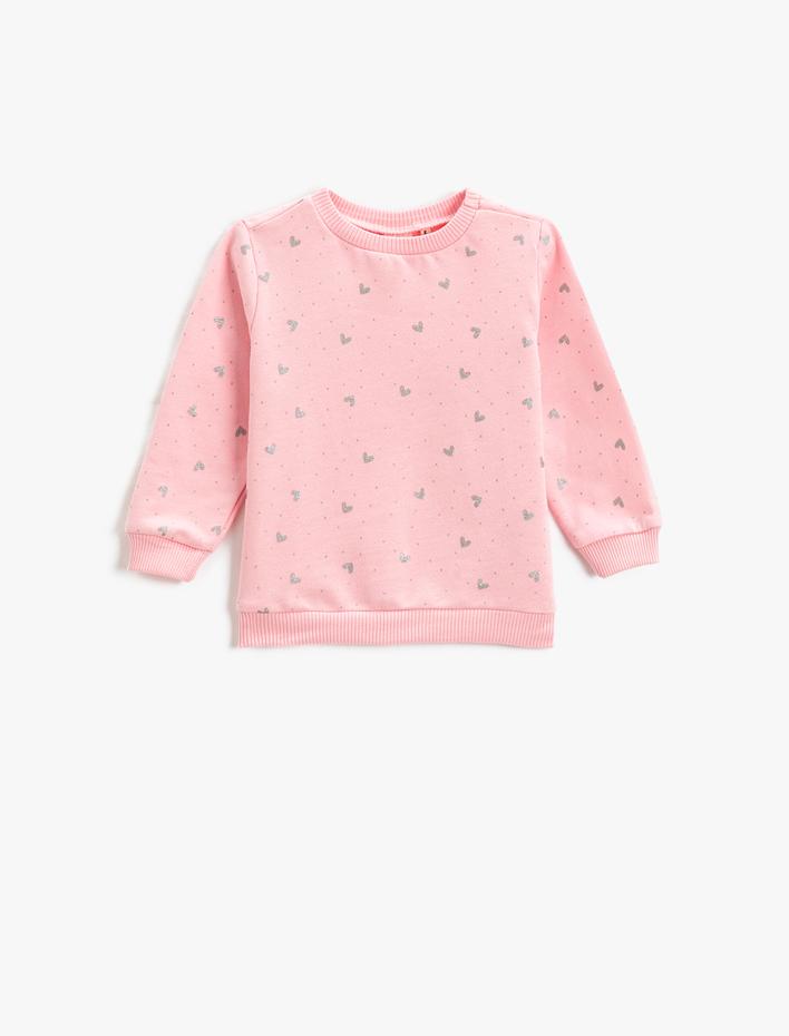 Kız Bebek Pamuklu Sweatshirt Kalp Baskılı Uzun Kollu Bisiklet Yaka Şardonlu