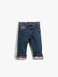 Slim Fit Kot Pantolon Paçaları Kıvrık Ekose Detaylı Cepli