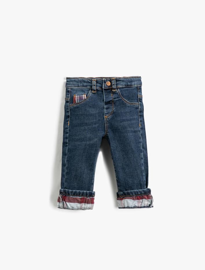 Erkek Bebek Slim Fit Kot Pantolon Paçaları Kıvrık Ekose Detaylı Cepli