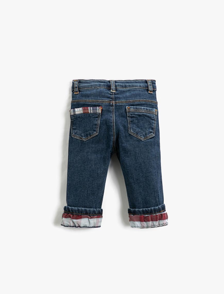  Erkek Bebek Slim Fit Kot Pantolon Paçaları Kıvrık Ekose Detaylı Cepli