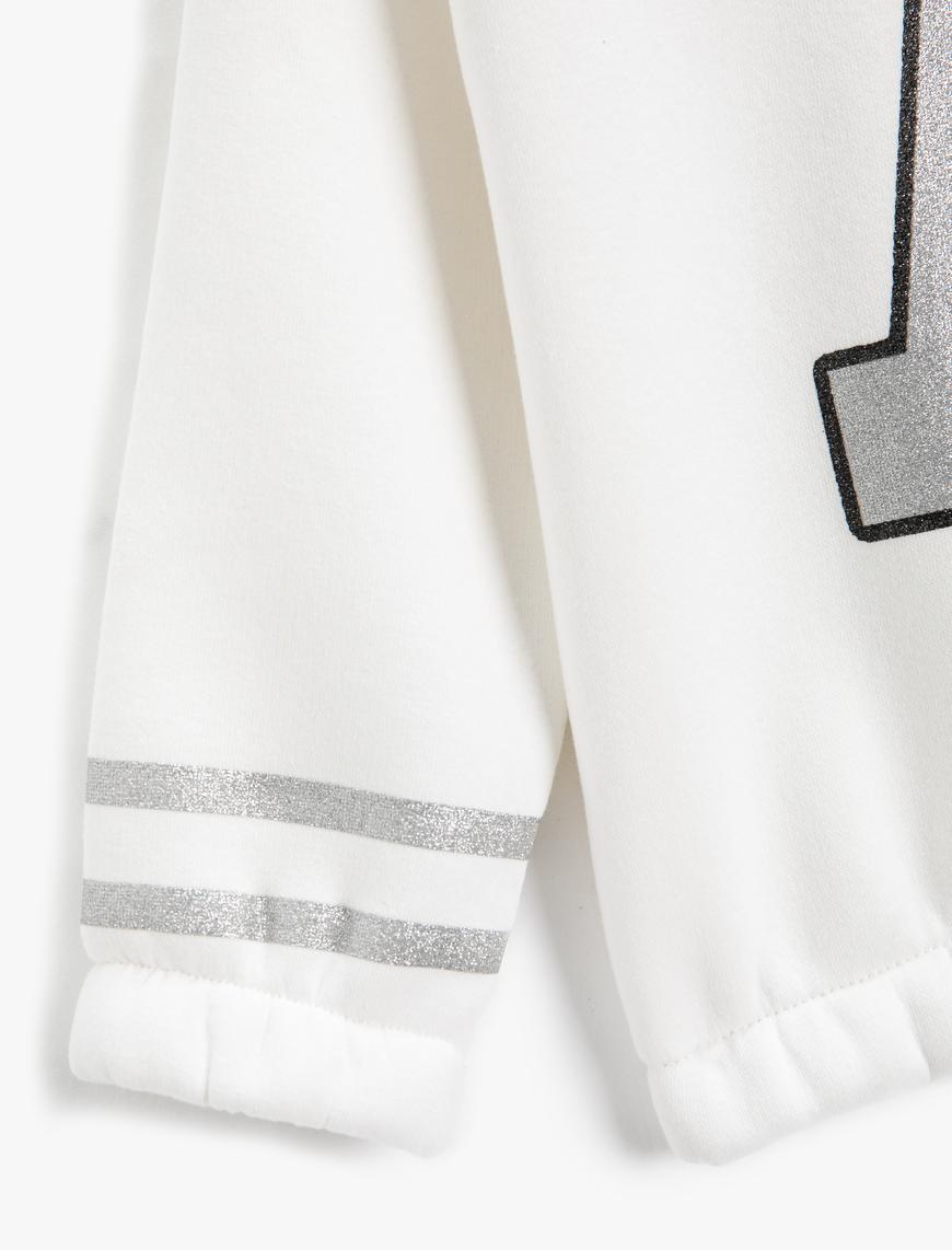 Kız Çocuk Kapşonlu Sweatshirt Simli Kolej Baskılı Uzun Kollu Şardonlu