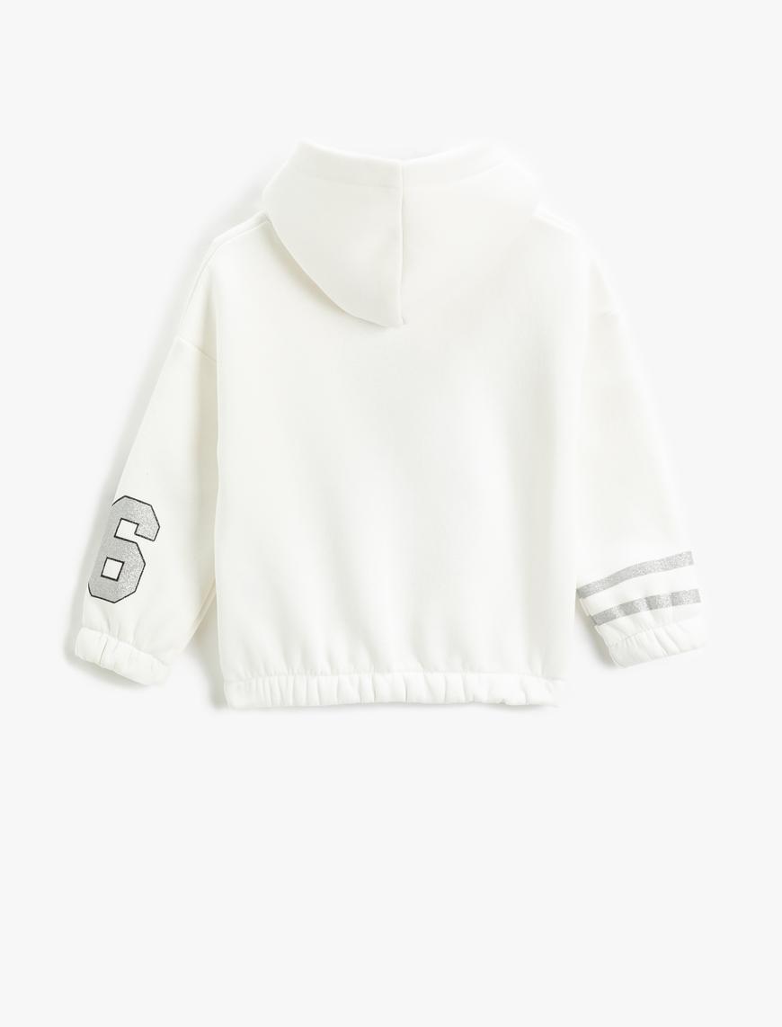  Kız Çocuk Kapşonlu Sweatshirt Simli Kolej Baskılı Uzun Kollu Şardonlu