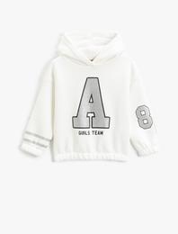 Kapşonlu Sweatshirt Simli Kolej Baskılı Uzun Kollu Şardonlu