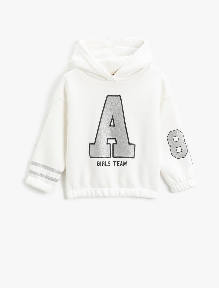 Kız Çocuk Kapşonlu Sweatshirt Simli Kolej Baskılı Uzun Kollu Şardonlu