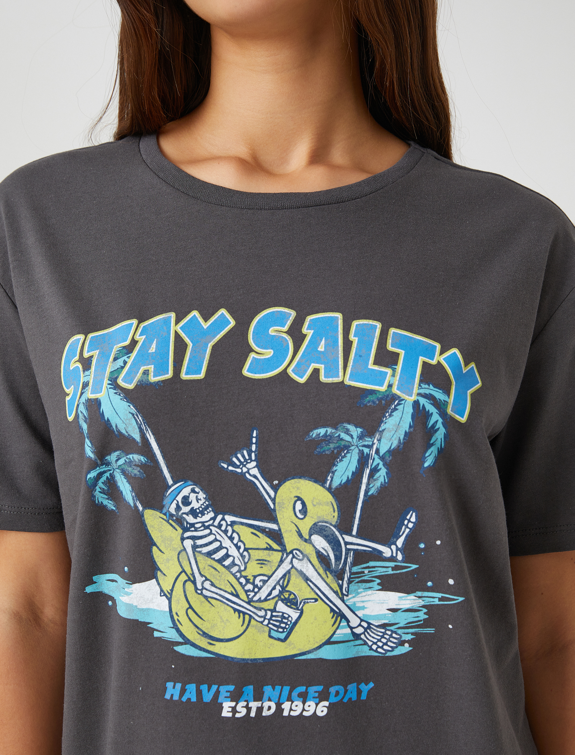   Kısa Kollu Tişört Slogan Baskılı Bisiklet Yaka