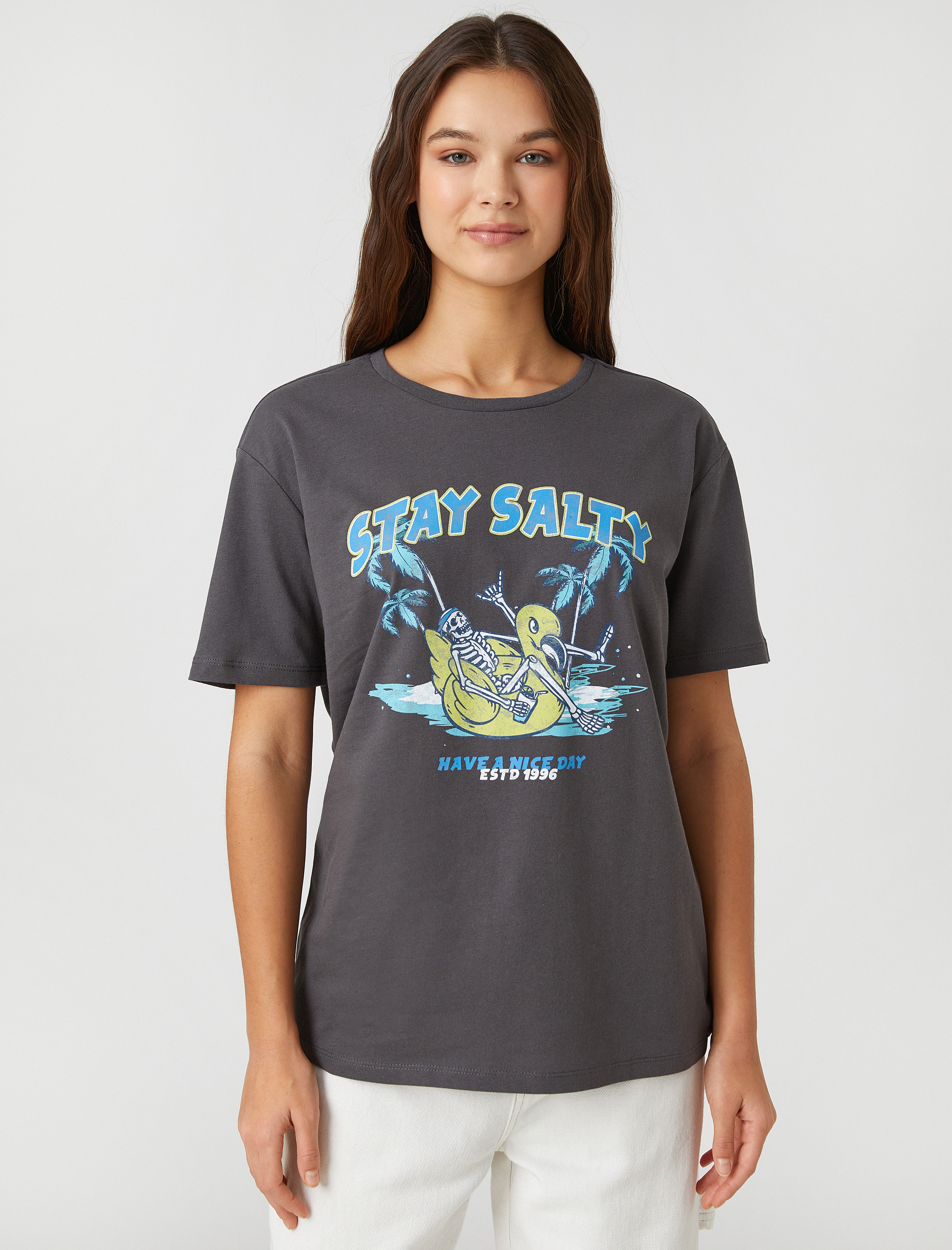   Kısa Kollu Tişört Slogan Baskılı Bisiklet Yaka