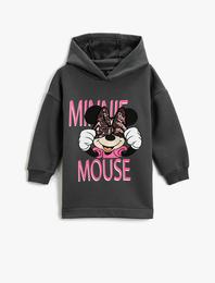 Minnie Mouse Baskılı Kapüşonlu Elbise Lisanslı Pul-Payet Detaylı