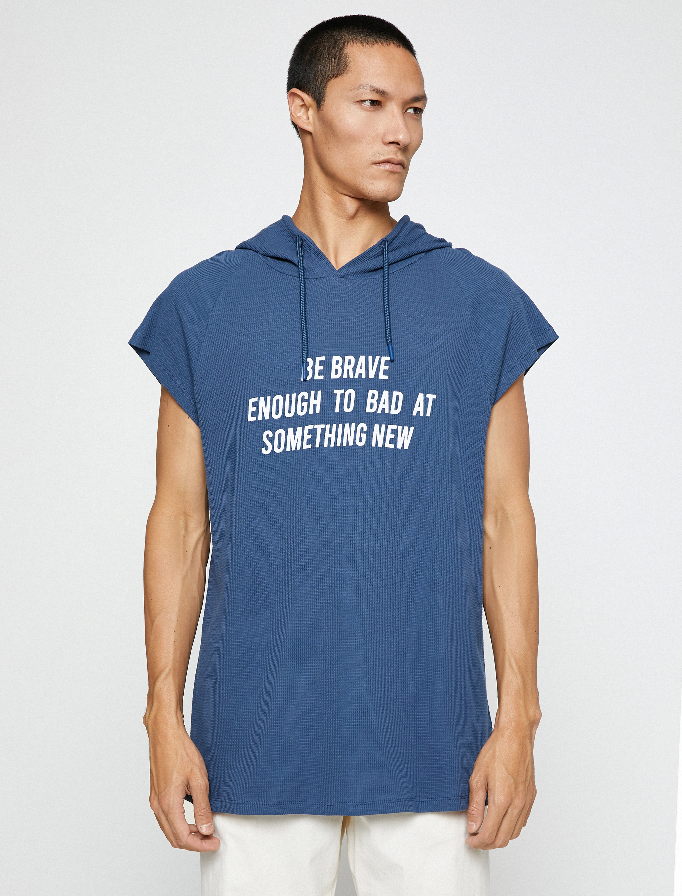   Basic Kapşonlu Spor Oversize Tişört Slogan Baskılı Kolsuz